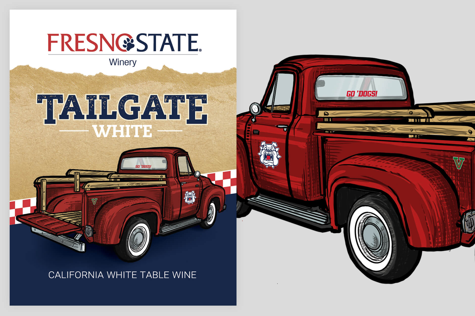 Tailgate White Wine Label Digital Illustration of Truck and Mountains